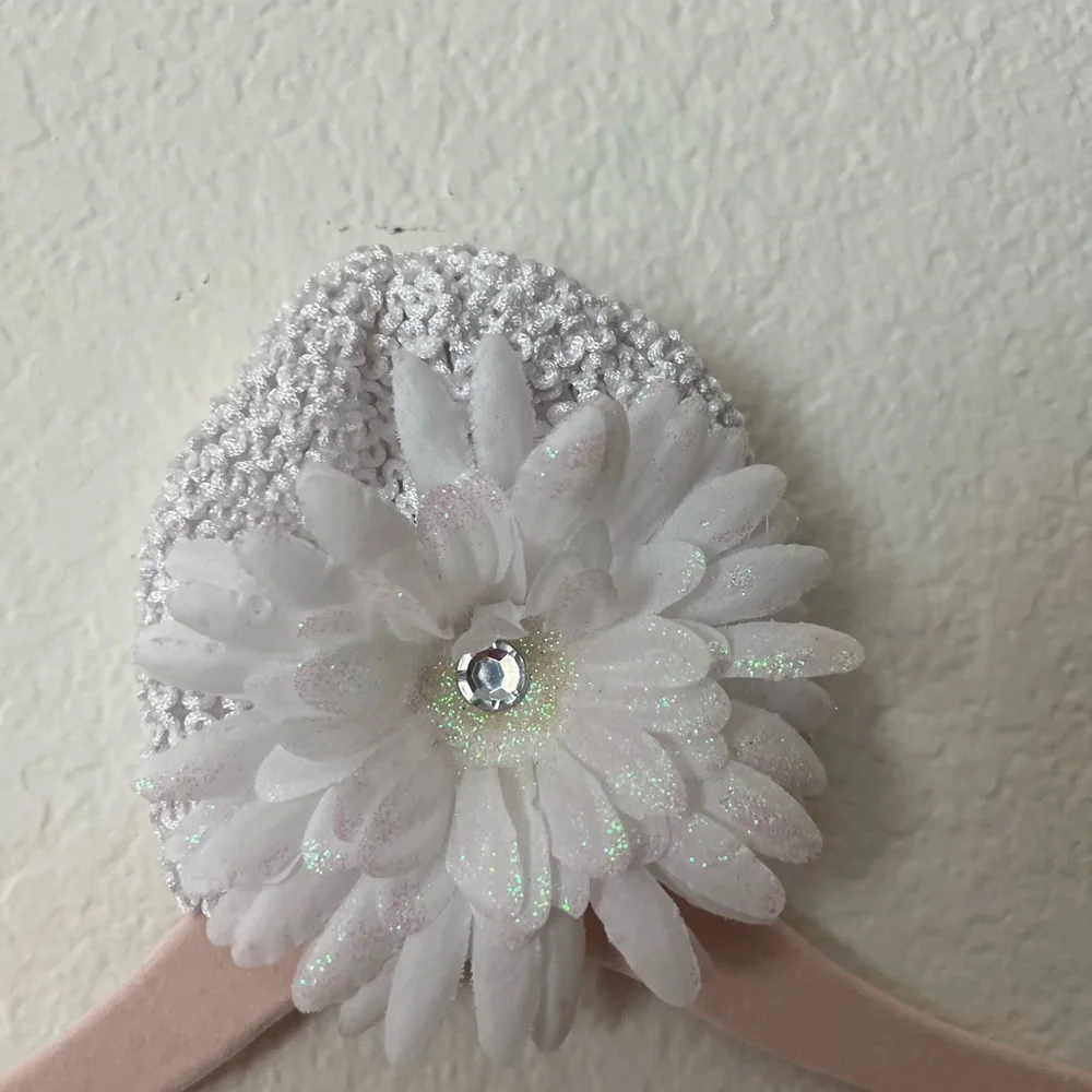 Pink and White Crochet Baby Headbands with White Sparkle Flower